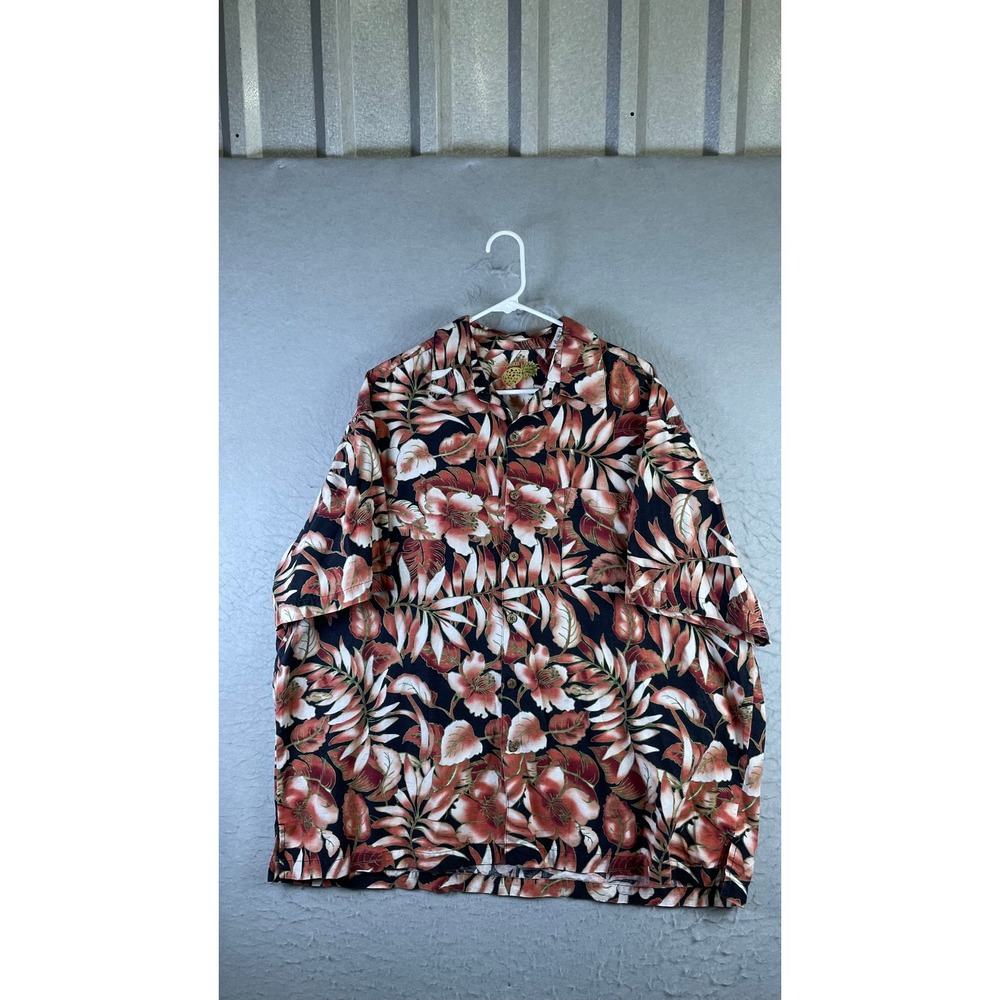 Caribbean Button Down Shirt Mens 2X Black Red Floral Silk Cotton Blend Excellent
